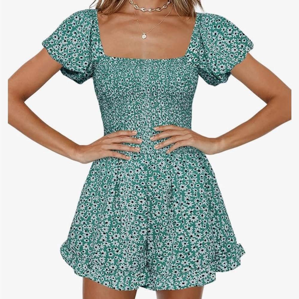 Amazon Ditsy Floral Green Puff Sleeve Romper